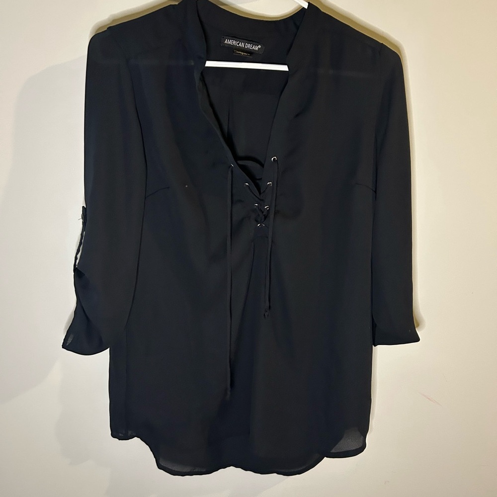 American Dream Black Lace-Up Blouse - Picture 2 of 6